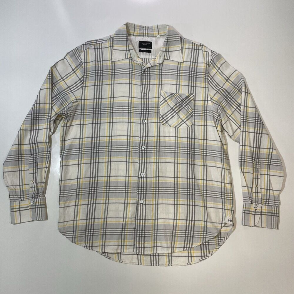 Rag & Bone Men’s Fit 3 Beach Button Down Casual Shirt Checks Ivory/White Size L